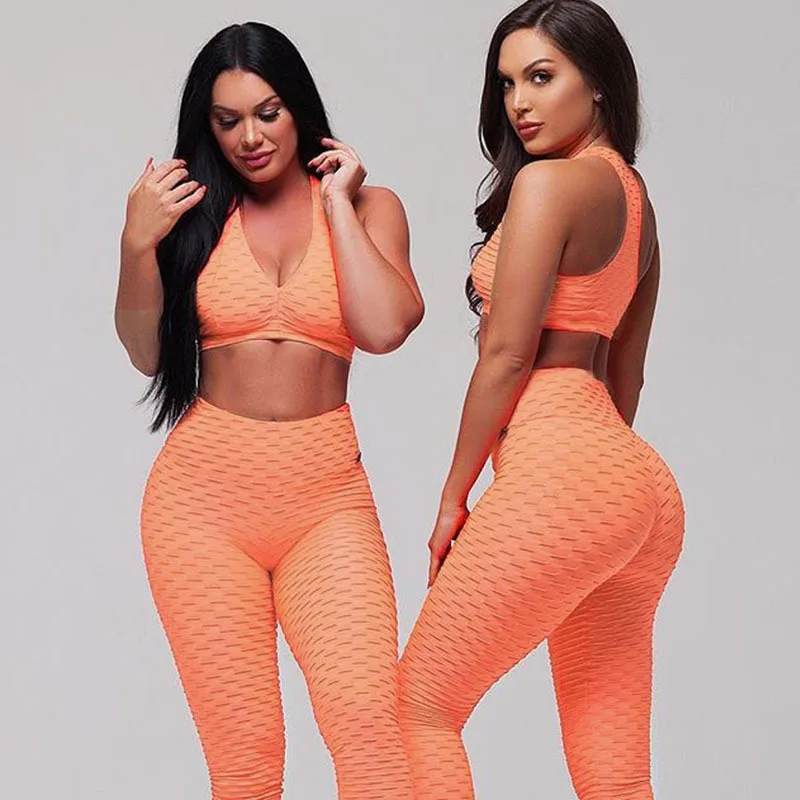 Womens 2 Piece Gym Yoga Clothing Crop Tank Top Tube Bra High Waist Textured Legging Workout Suit Set