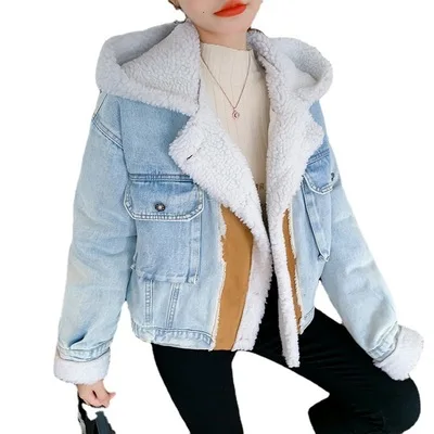 

2021 New Arrival Ladies Clothing Wholesale Denim Hooded Cotton Padded Coats Winter Jean Fleece Jacket With Fur Women, Picture showns