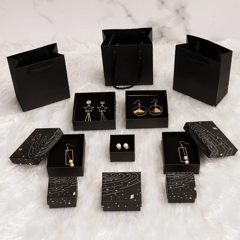 

Luxury Silver imprint Heaven and earth cover Wholesale Gift Box Black Jewelry Custom Earring Box Logo Paper Gift Box Custom
