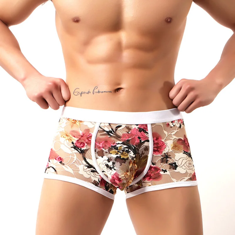 

wholesale transparent lace flower mens underwear sexy gay briefs pouch bulge