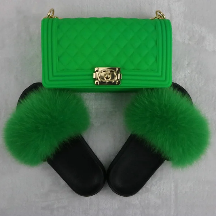 

wholesale jelly purses and verified fur slides green sets, Customized color