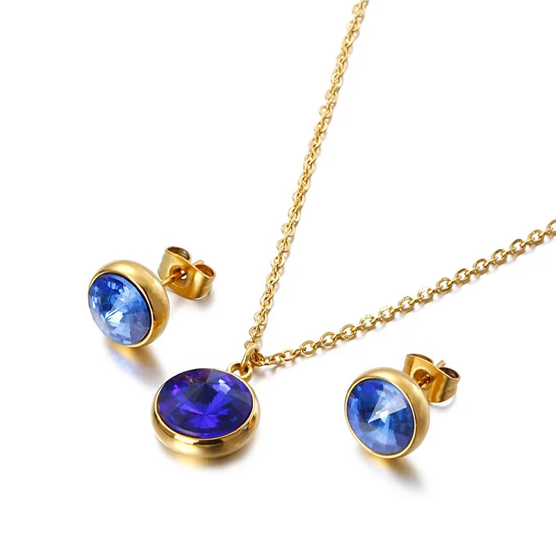 

2020 New Fancy Wholesale Stainless Steel Jewelry Sets Gold Plated Cubic Zirconia Diamond Necklace Earrings Sets Women Titanium, 5color