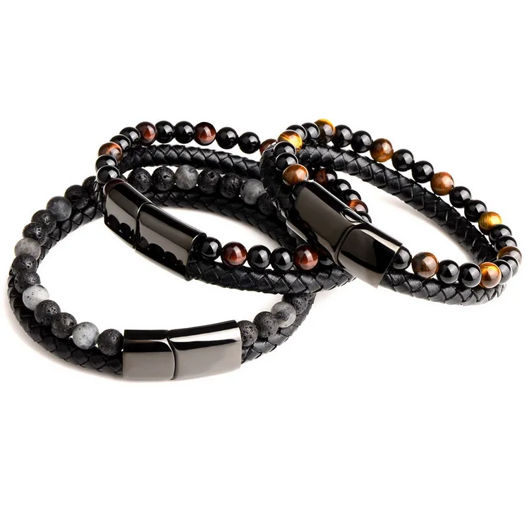 

Natural Stone Bead Stainless Steel Magnetic Clasp Black Genuine Leather Magnetic Bracelet, Same as photos