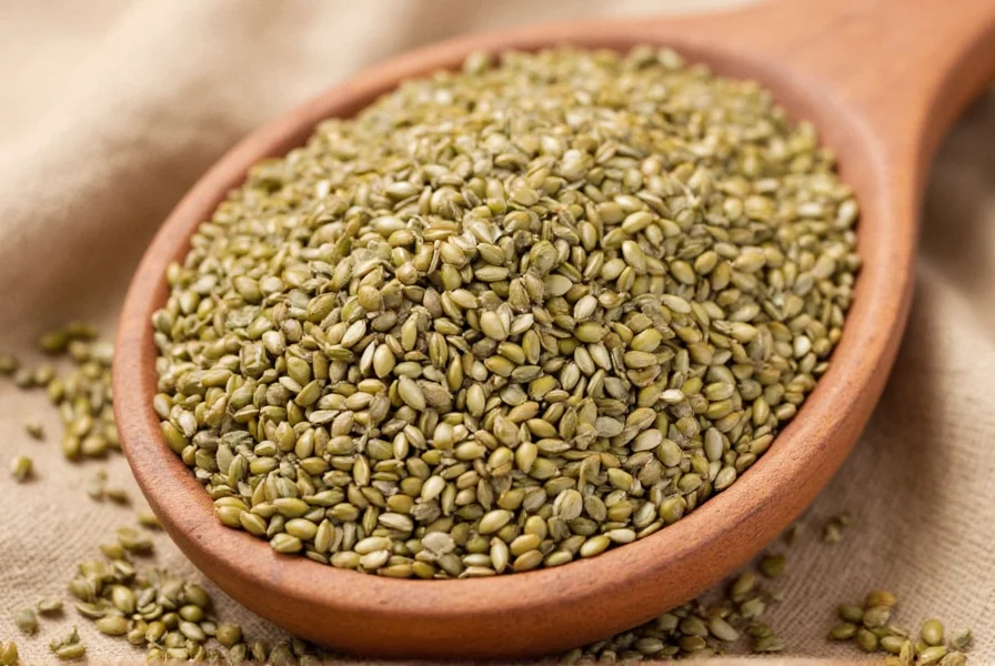 Close-up of golden-brown methi seeds (fenugreek) scattered on wooden surface with measuring spoon