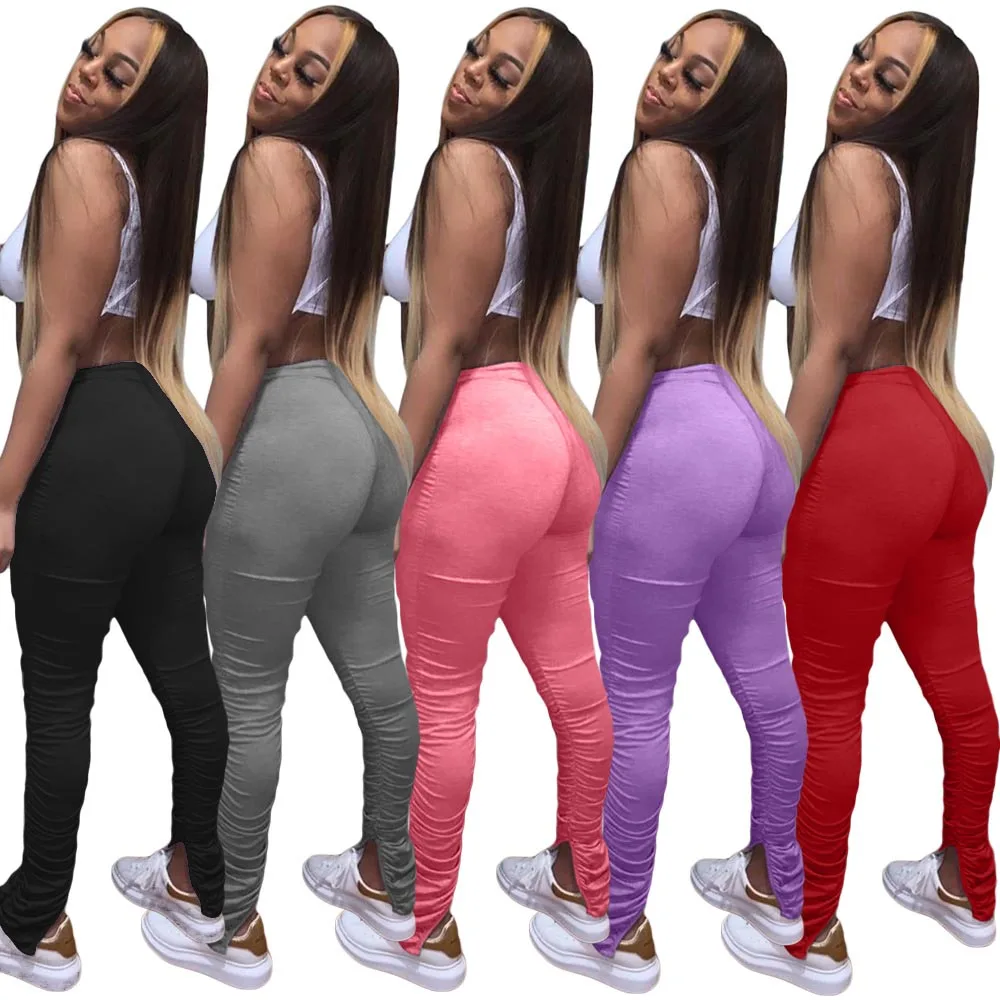 

fashion women solid color high waist stack legging pants with ruched sides, Black, red, pink, gray, purple