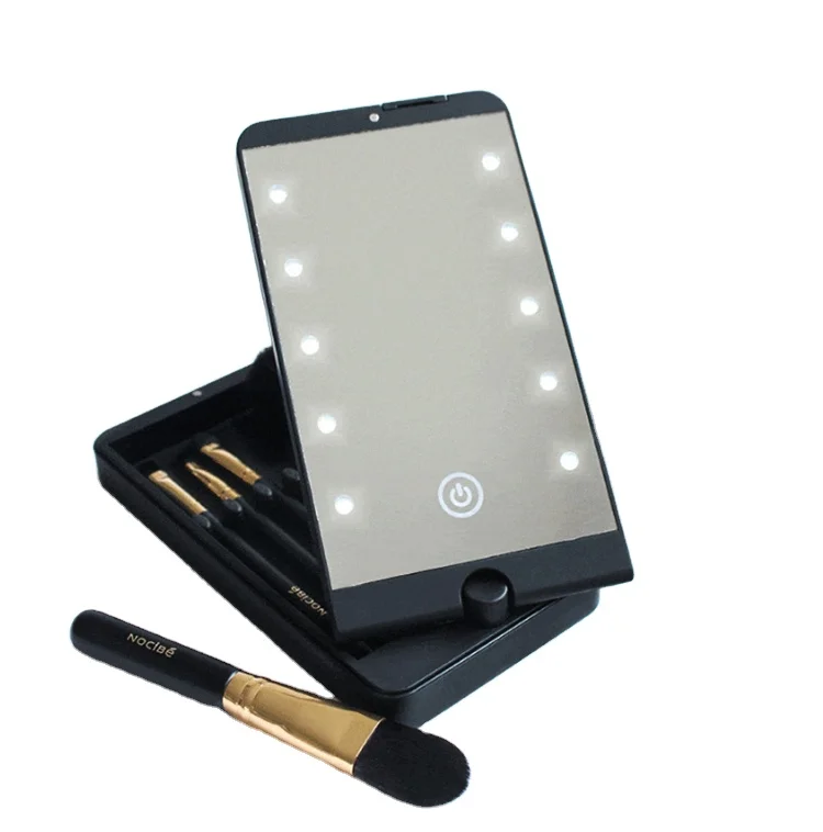 

hot sell square 360 foldable led makeup mirror box light with 5pcs makeup brush