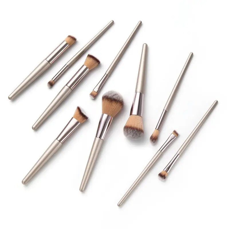 

10pieces Brush Set Professional Makeup Brush Sets Champagne with Wooden Handle Pu Leather Bag 10 Piece Synthetic Hair, Customized