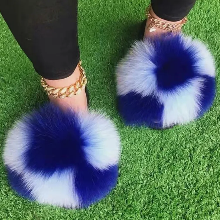 

Best selling real raccoon 2021 luxury furs slippers for women fluffy wholesale fox fur slides, Customized color