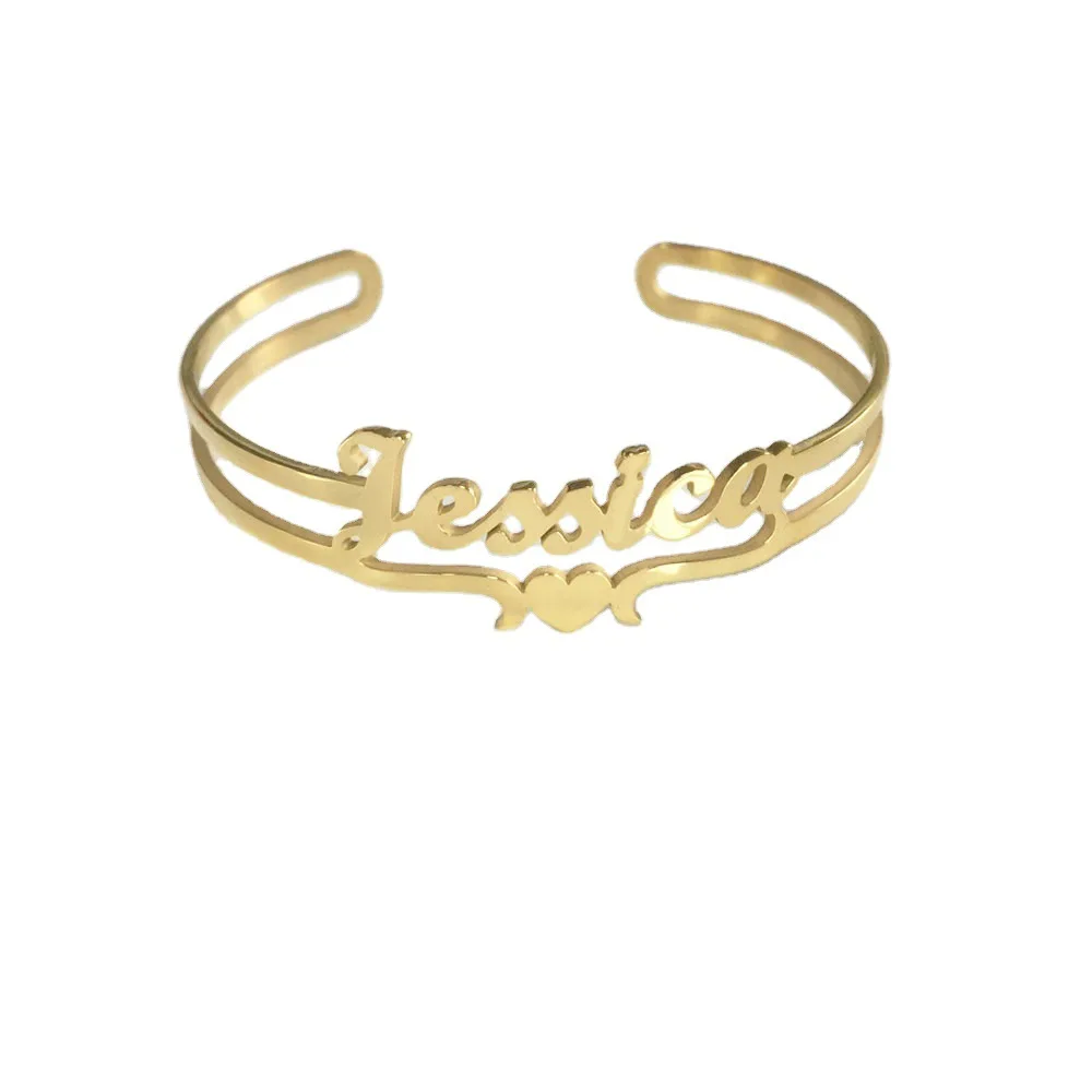 

18K Gold Plated Custom Cuff Bangle Stainless Steel Name Bracelet Personalised With Heart, Silver