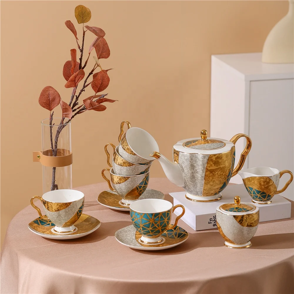 

JIABAIEN fine bone ceramic 15pcs coffee set cup saucer tea pot custom luxury decal European bone China tea set with gold handle