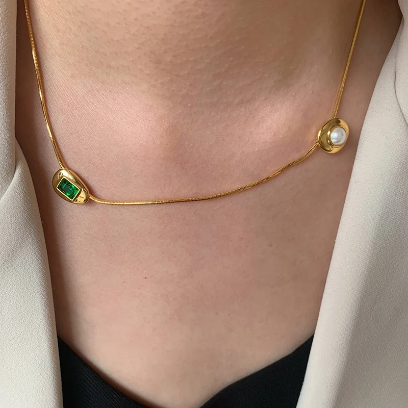 Rectangle Green Zircon 18K Gold Plated Choker Necklace Round Snake Chain White Pearl Necklaces Women Trendy Vintage Jewelry 2023