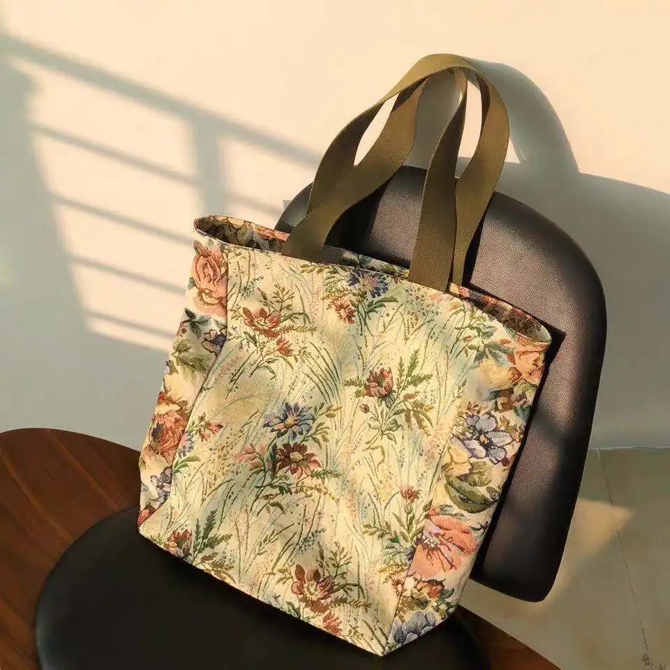 

2021Wholesale Bigs Vintage Women Fleurs Flower Custom Printed Grocery Shopping Cotton Canvas Handbags For Ladies Tote Bag