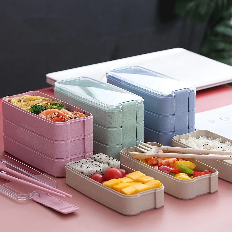 

900ml Portable Eco Biodegradable Material Lunch Box 3 Layer Wheat Straw Bento Lunch Box, Beige,blue,green,pink