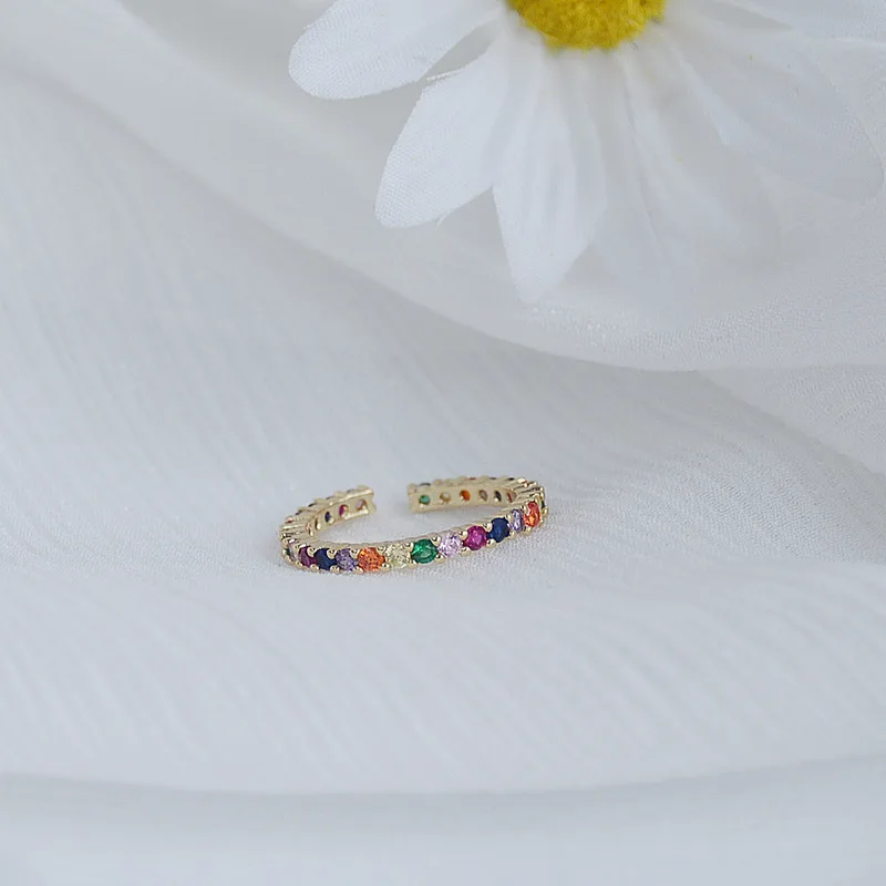 

Luxury Minimalist Jewelry Rainbow Zircon Band Ring Colorful Inlaid Zircon Opening Finger Ring Wedding Engagement Jewelry