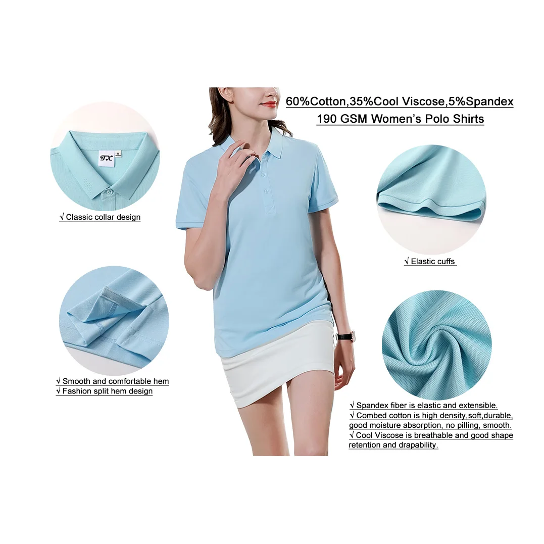 

Wholesale 190 Gram 60% Cotton 35% Cool Viscose 5% Spandex ladies polo shirts custom golf shirt women's polo shirts, Customized color