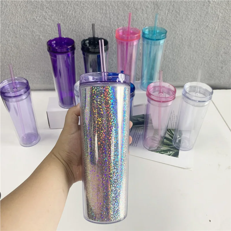 

Double Wall Reusable 16OZ shinny glitter acrylic tumbler with Lid and Straw Bpa free Skinny Tumbler clear drinking cups