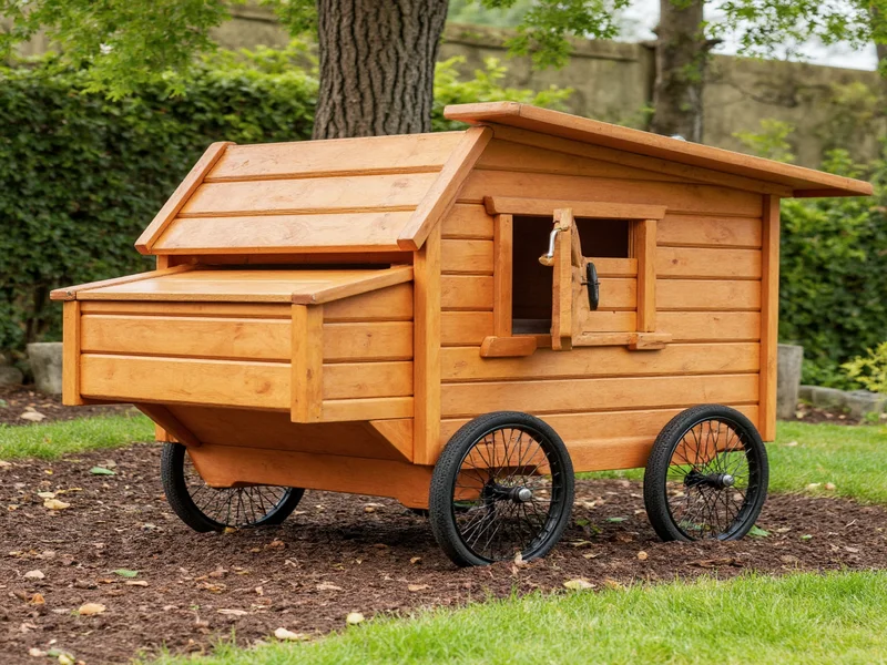 Mobile chicken coop with wheels on garden soil