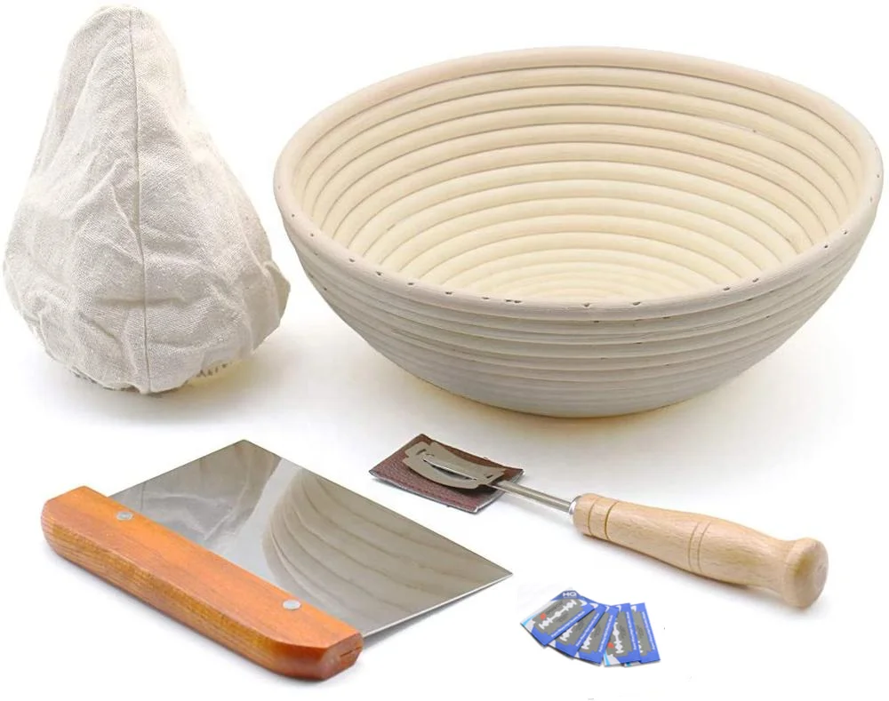 

10" Round bread proofing basket set with cloth liner for sourdough, includes metal dough scraper, bread lame