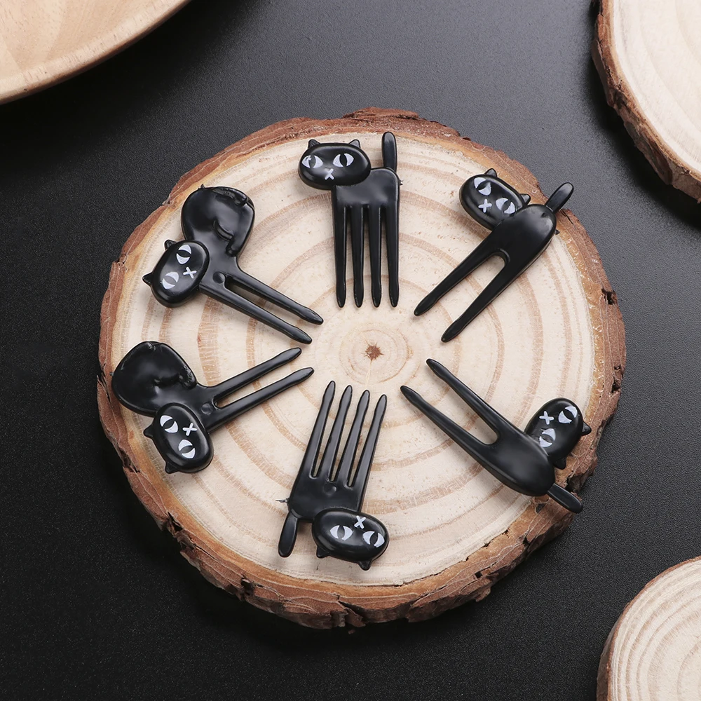 

6pc pack Snack Cake Dessert Food Fork Mini Cartoon Black Cat Fruit Fork Bento Lunches Toothpick Tableware Party Decor, As photo