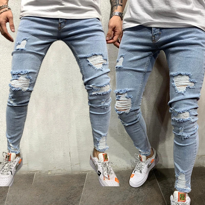 

Men's Jeans Trendy Knee Holes Zipper Feet Pants Holes Men's Denim Pants