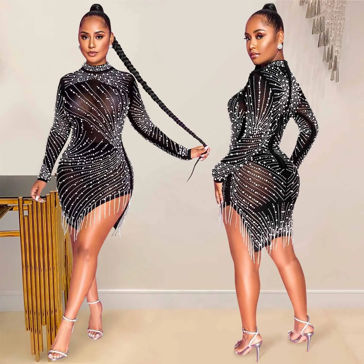 

LW X5216 New sexy nightclub screen perspective drill bubble bead tassel round neck long sleeve ladie's club dresses sexy mini, 2 colors available