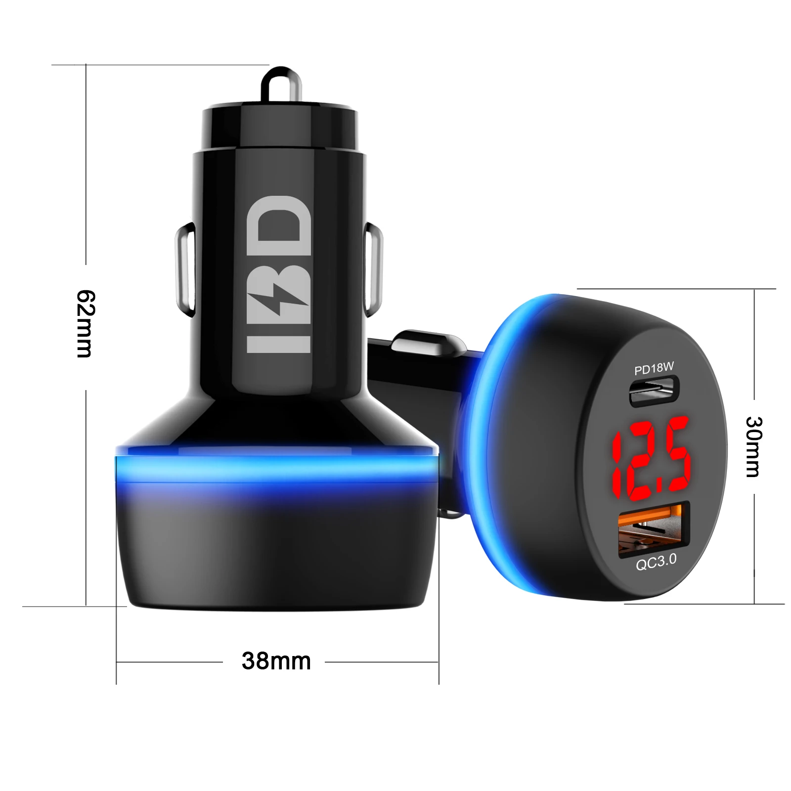 

IBD Blue LED Light PD 18W 20W Car Charger Dual USB Ports QC 18W Type-C 20W Fast Quick Car Charger Adapter 38W Max