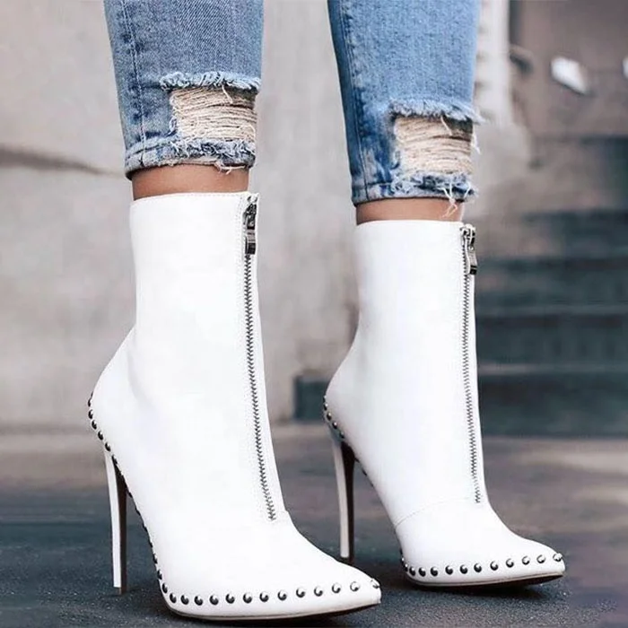 

Fall Winter New British Retro Knight Boots Black White Front Zipper Rivet High Heels Ankle Boots Women Shoes Fashion Booties