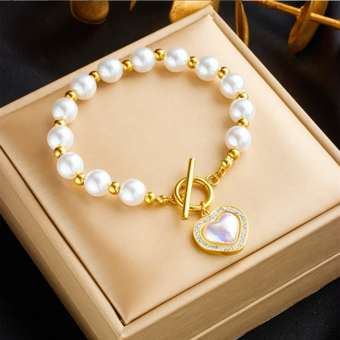 

Stainless Steel Large Heart Pearl Charm Bracelet For Women Girl New Trend Non-fading Chain Jewelry Gift Party