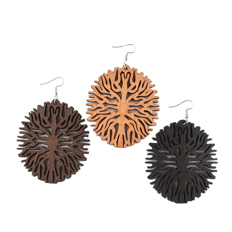 

Custom laser cut geometric Tree of Life women various wooden earrings, Brown