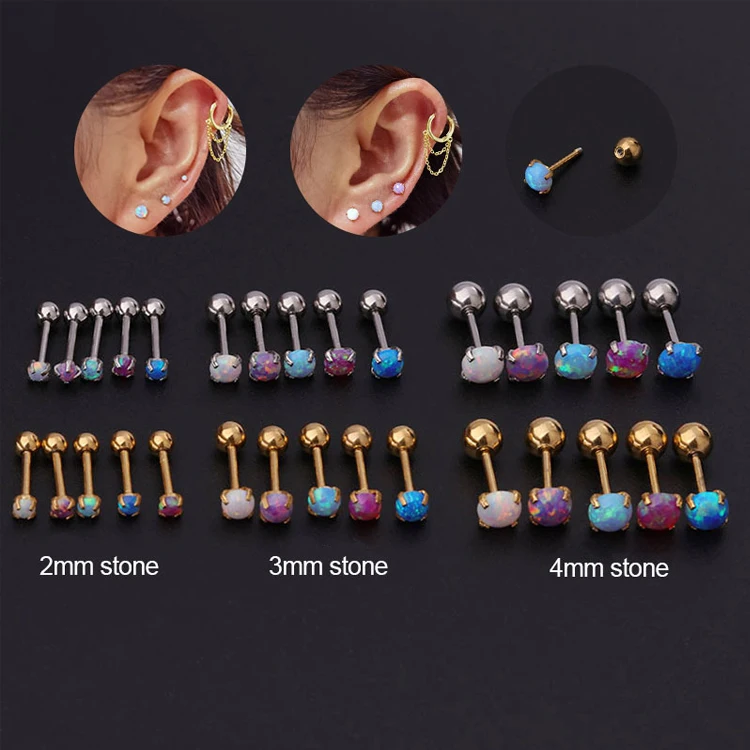 

Wholesale custom minimalist tiny gold plated stud earring arete surgical stainless steel ear cartilage piercing opal earring