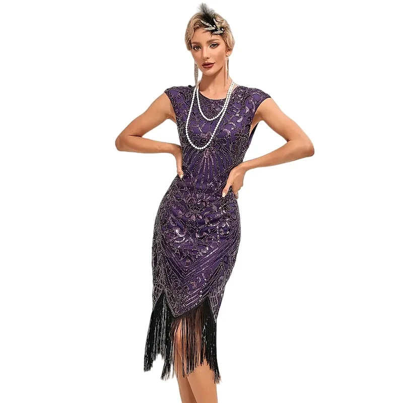 Women's Cap Sleeve Flapper Dresses 1920s Great Gatsby Dresses Sequin Fringe Retro Art Deco Roaring 20s Party Cocktail Dress