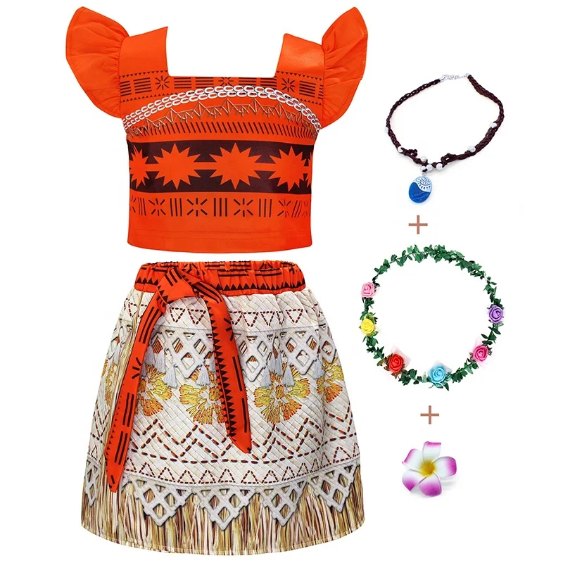 

Summer Toddler Baby Cosplay Moana Anime Costume Little Kids Fancy Halloween Dance Clothing TV &Movie Two-Piece Set Outfits, Orange