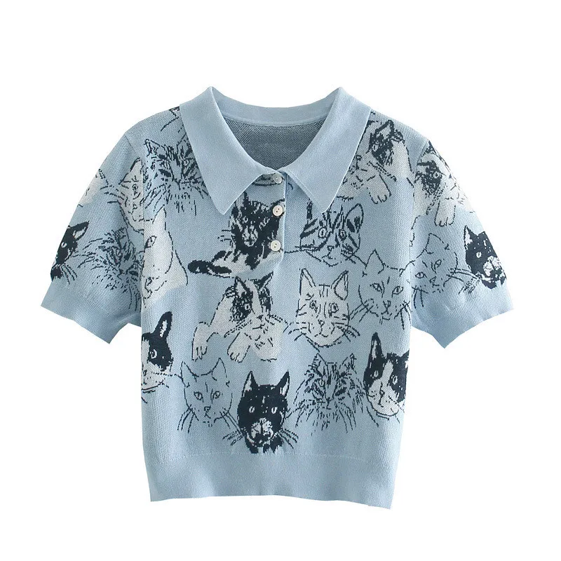 

2021 Women Crop blue Cat Print Lapel Single-Breasted Polo Shirt Short Sleeve Ladies Tops Latest Design