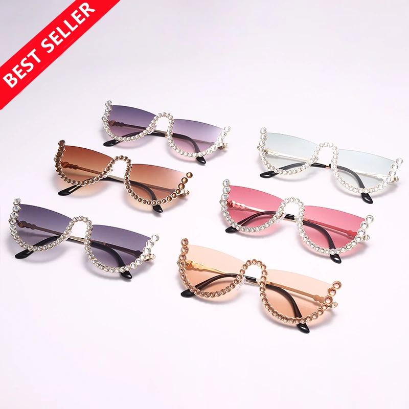 2022 New Arrival Trendy Custom Logo Fashion Half Frame Luxury Shades Bling Sun glasses Women Rhinestone Diamond Sunglasses