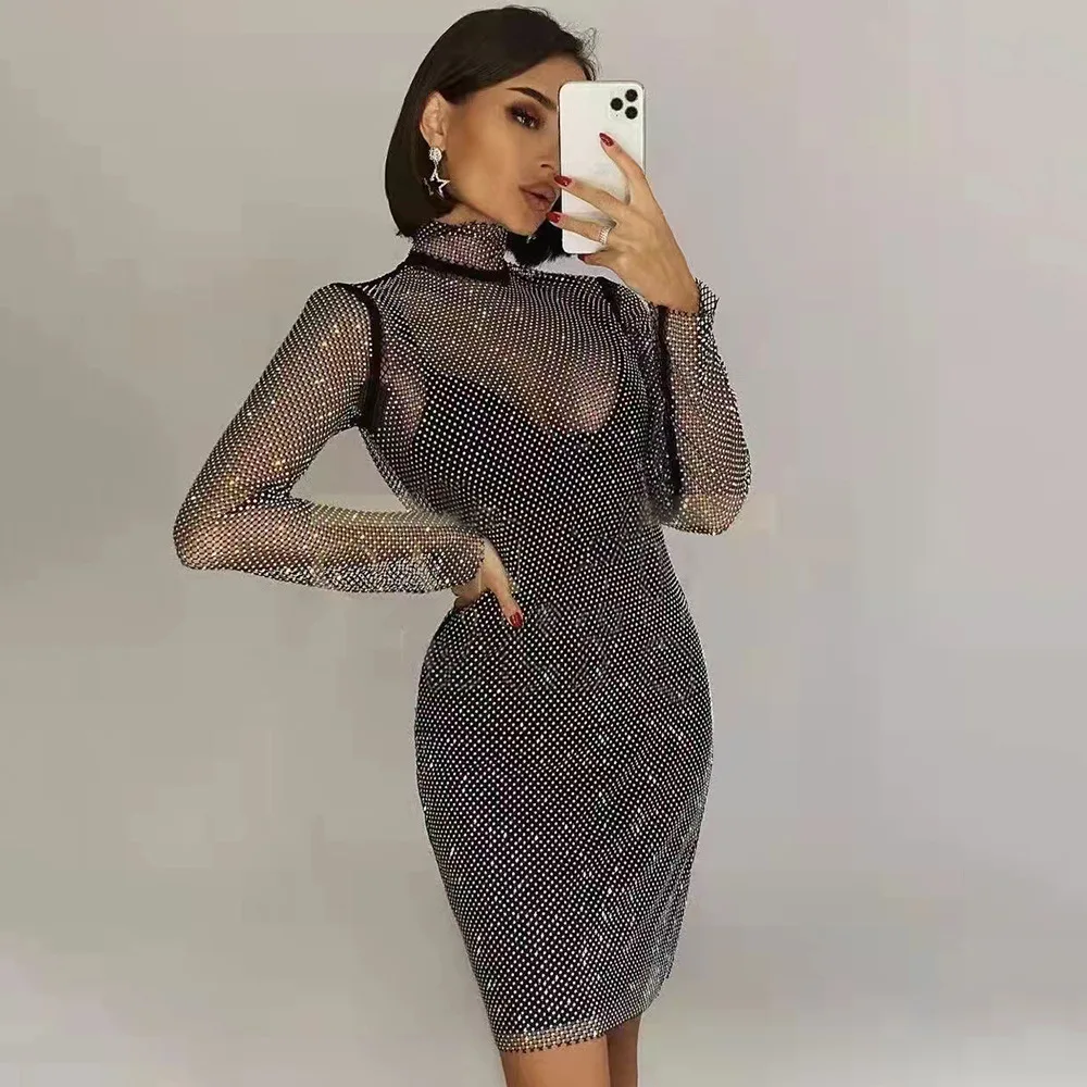 

Top Quality Long Sleeve Hand Beading Celebrity Evening Party Bodycon Rayon Bandage Dress