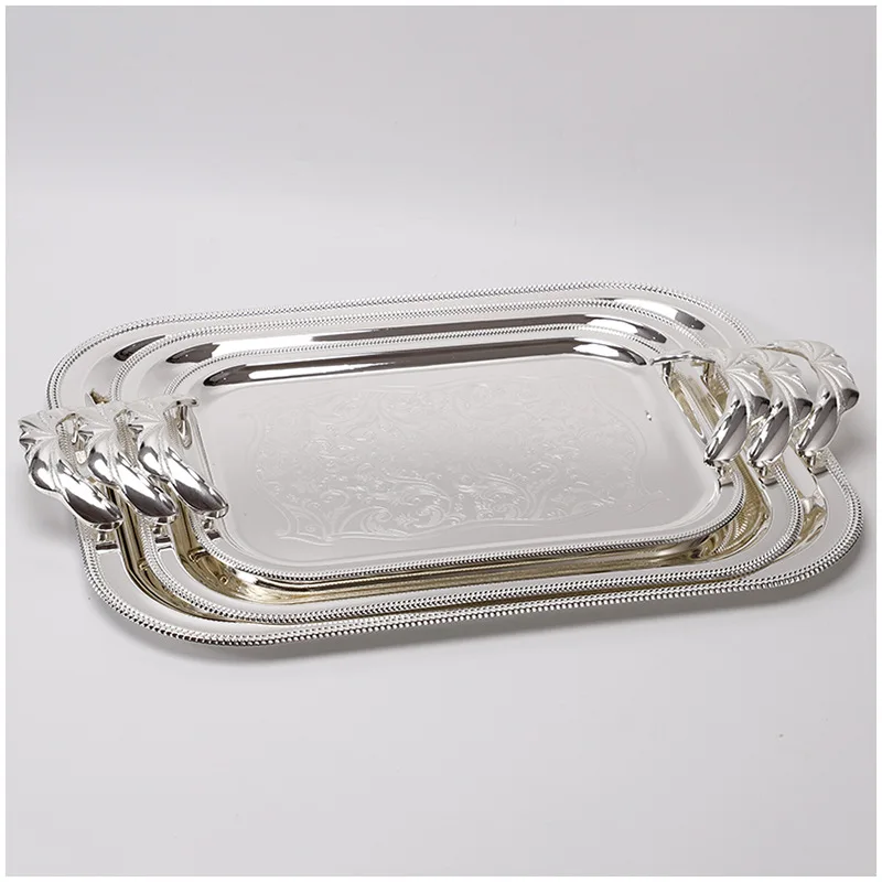 
European Style Custom Logo Galvanized Silver Stainless Steel Metal Fruit Serving Tray With Alloy Handles 