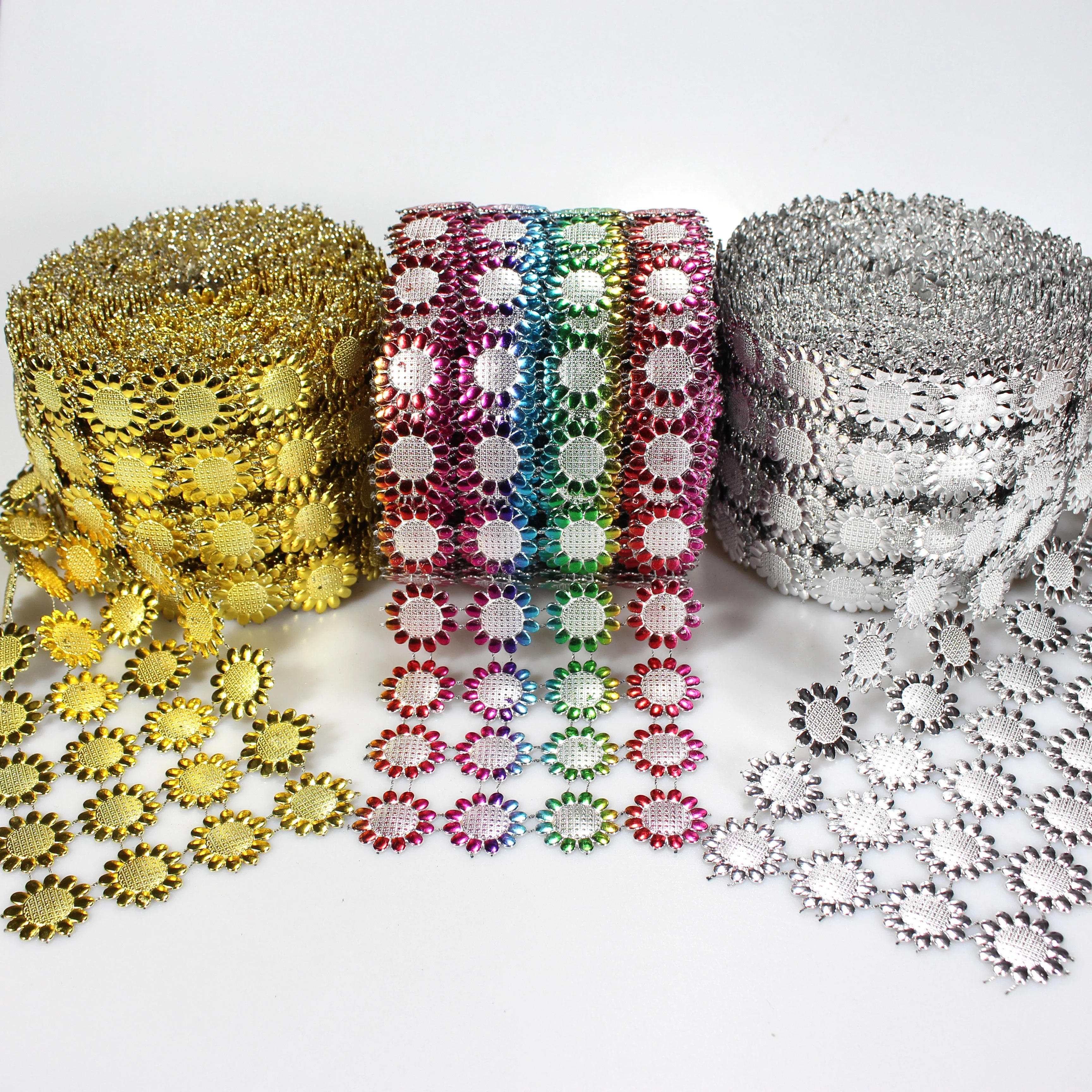 

4 rows of Shiny Sunflower Shape Diamond Mesh Wrap Roll Faux Rhinestone Crystal Mesh Ribbon Roll, Reference color card