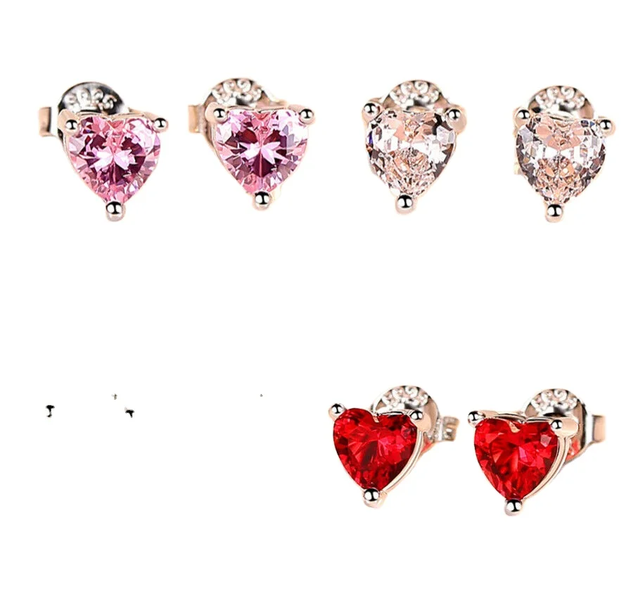 

Womens Girls Heart Charm Stone Stud 925 Sterling Silver Earrings