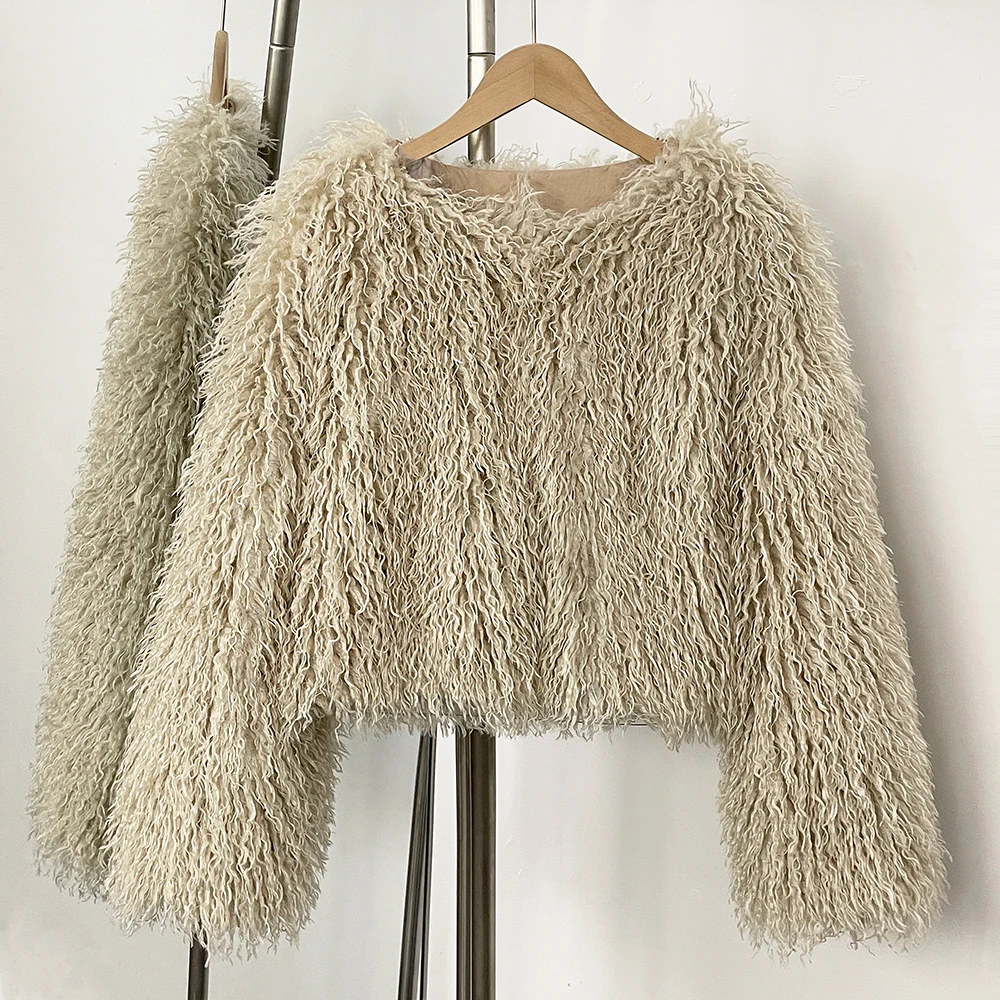 OFTBUY 2025 Winter Fashion Faux Fur Coats Fluffy Artificial Mongolian Fur Coat Sheep Fur Coat Women Elegant Turn-down Collar