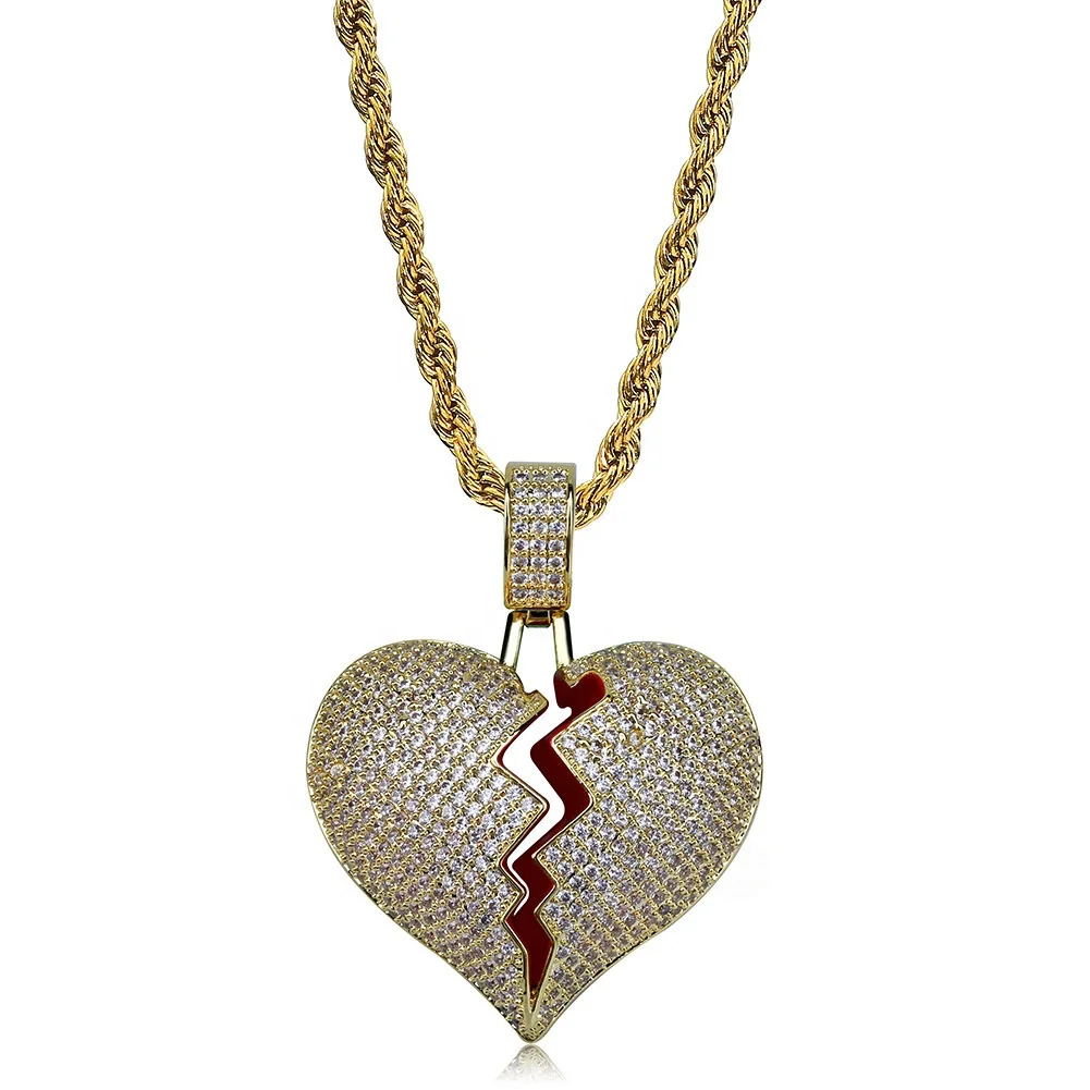 

Fashion Jewelry Gold Plated Iced Out Full CZ Diamond Broken Heart Couple Necklace