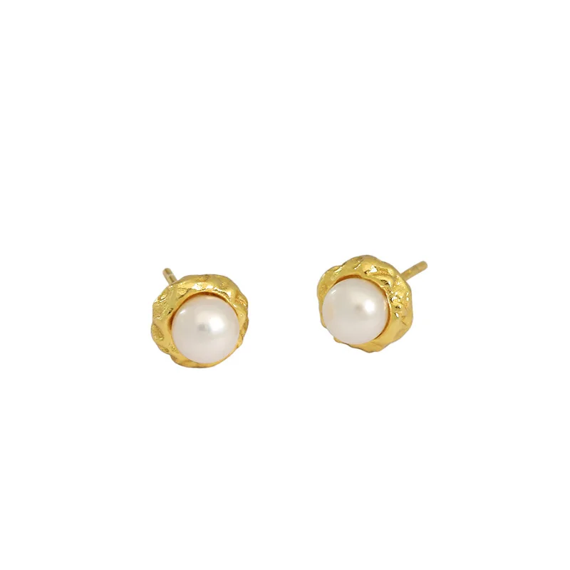 

irregular Jewelry 925 sterling silver Gold Plated round pearl stud Earrings for woman