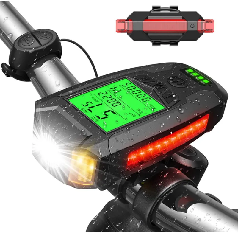 

5 in 1 USB Bike Light, Waterproof Recharge Bike Light with Bike Computer LCD Odometer 5 Modes Cycling Light Horn, Black