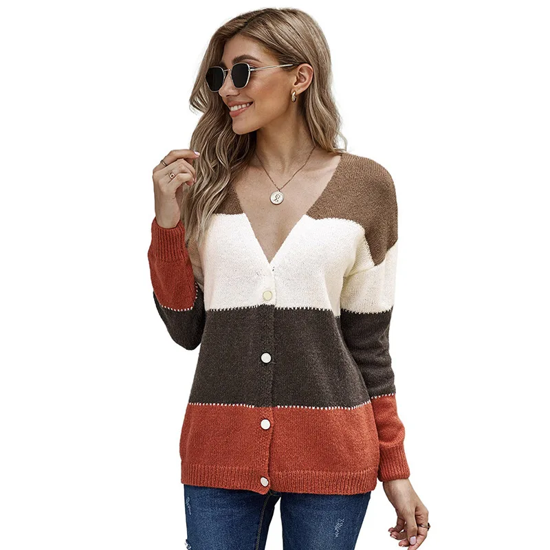 

2021 autumn and winter new hot selling fashion cardigan stripe button V-Neck Sweater loose women's sweater coat