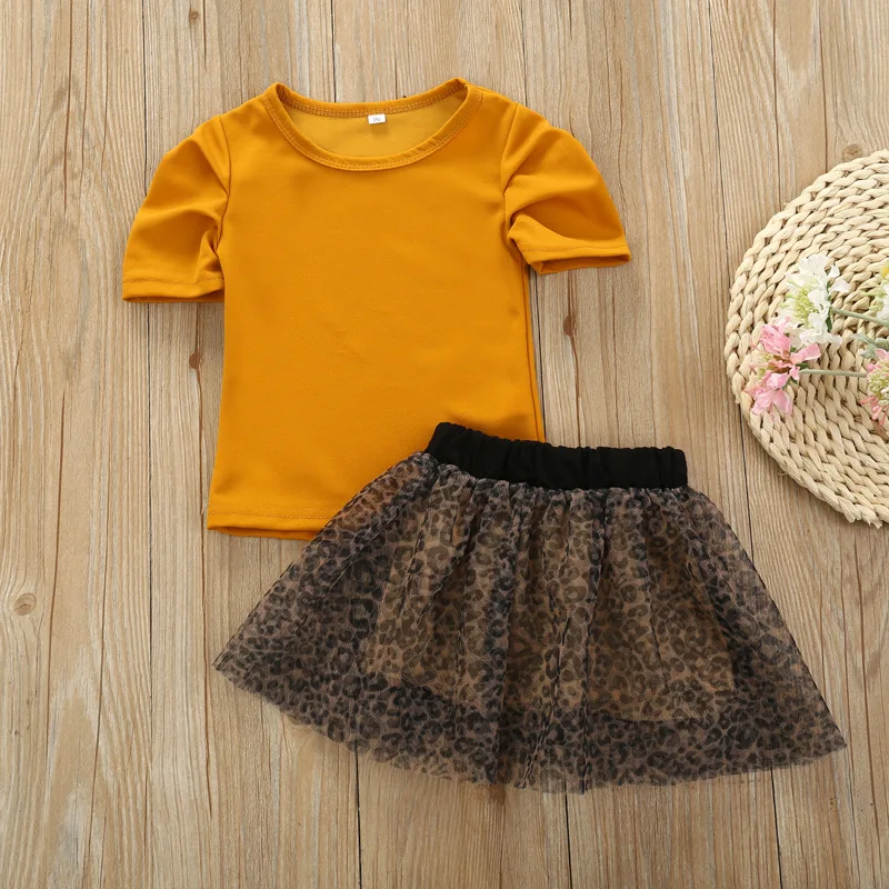 

Hot Sale 2pcs Toddler Kids Baby Girl Clothes Set Summer Girls Solid Tops T Shirt Print Leopard Mini Skirt Party Outfit, As picture