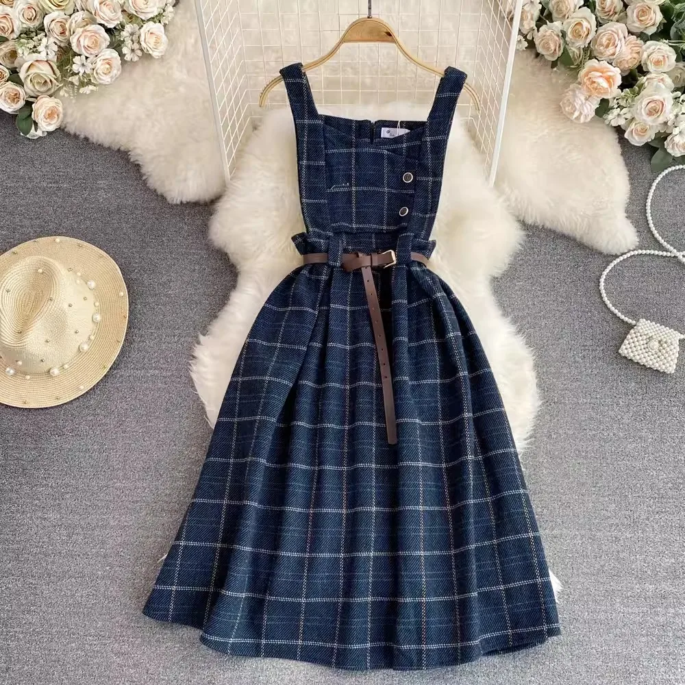 S-XL Checkered Strap Dress Autumn and Winter Retro Waist Length Sleeveless A-line Vest Dress