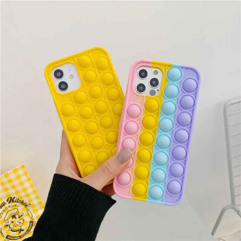 

Push It Relieve Stress Fidget Toy Bubble Phone Case For iPhone 11 12 Pro 6 7 8 Plus X XR Xs Max Soft Silicone Rainbow Capa, Pink/yellow/rainbow