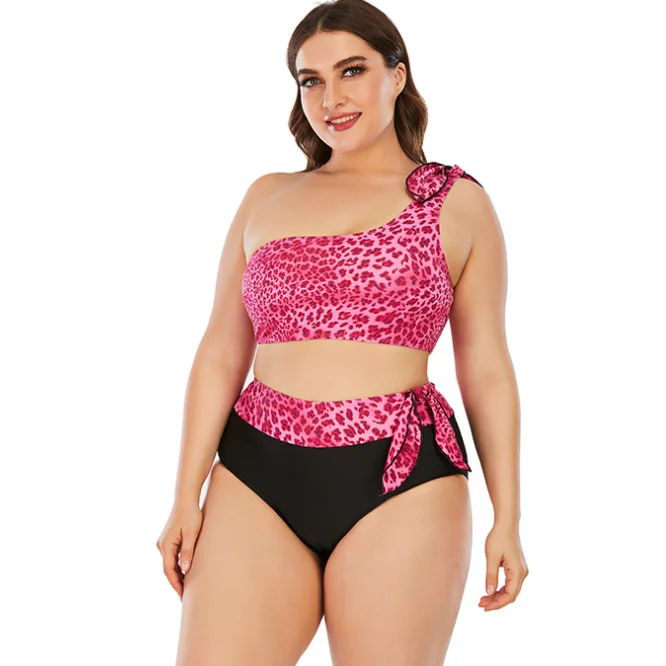 

Oversized lace-up one-shoulder high-waisted sexy pink leopard print Big Size Asymmetric bikini swimwear, Accept customized