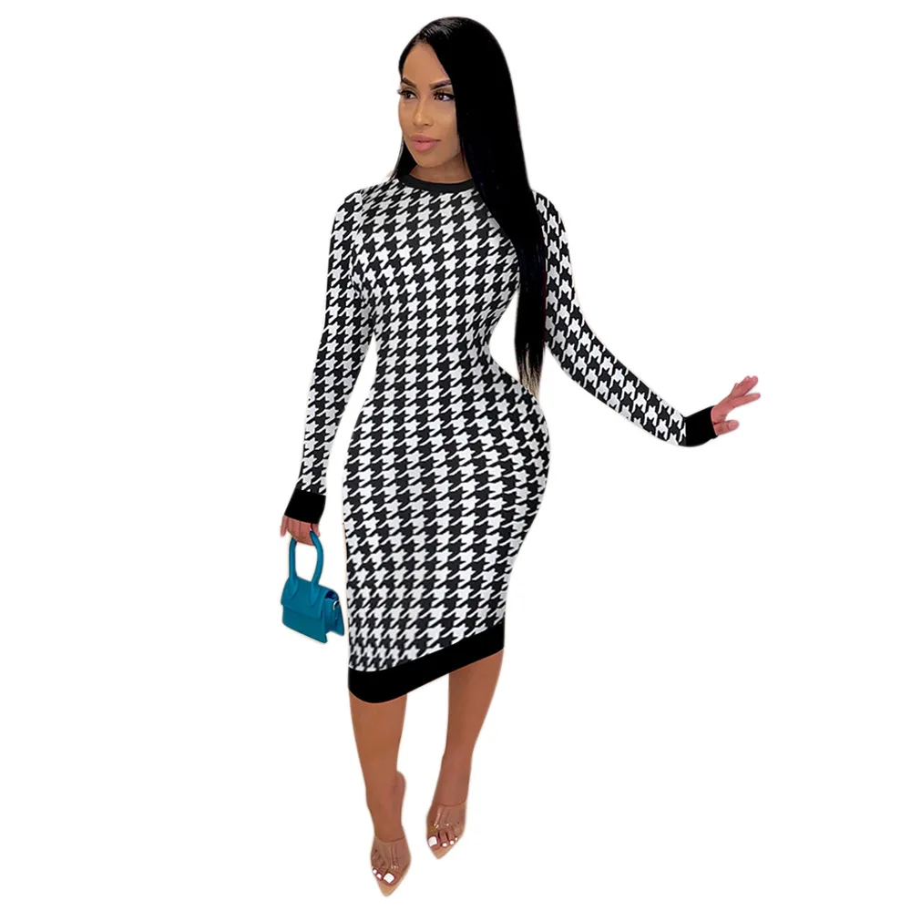 

High Quality Long Sleeve Winter Dresses Long Print Top Dresses O-Neck Plus Size Backless Dress
