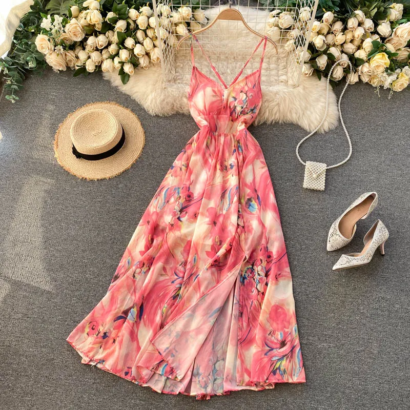 

2022 summer new women's dress open back bandage waist slim print dress fashion, Green,gray,pink,orange
