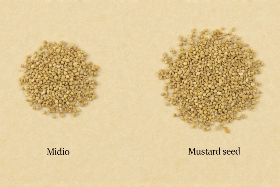 Close-up photography showing mustard seeds next to a ruler for scale, highlighting their 1-2 millimeter size